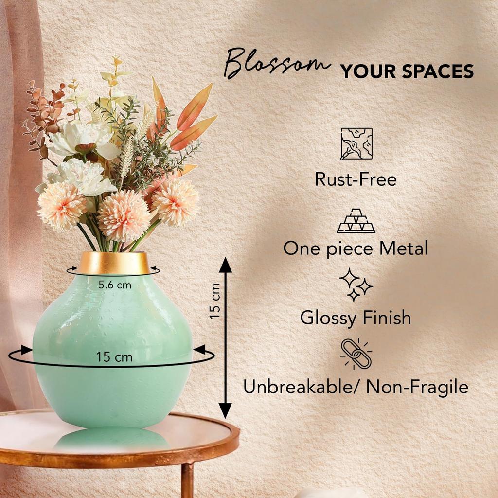 Unbreakable Metallic Aqua Green Flower Vase for Home Decor