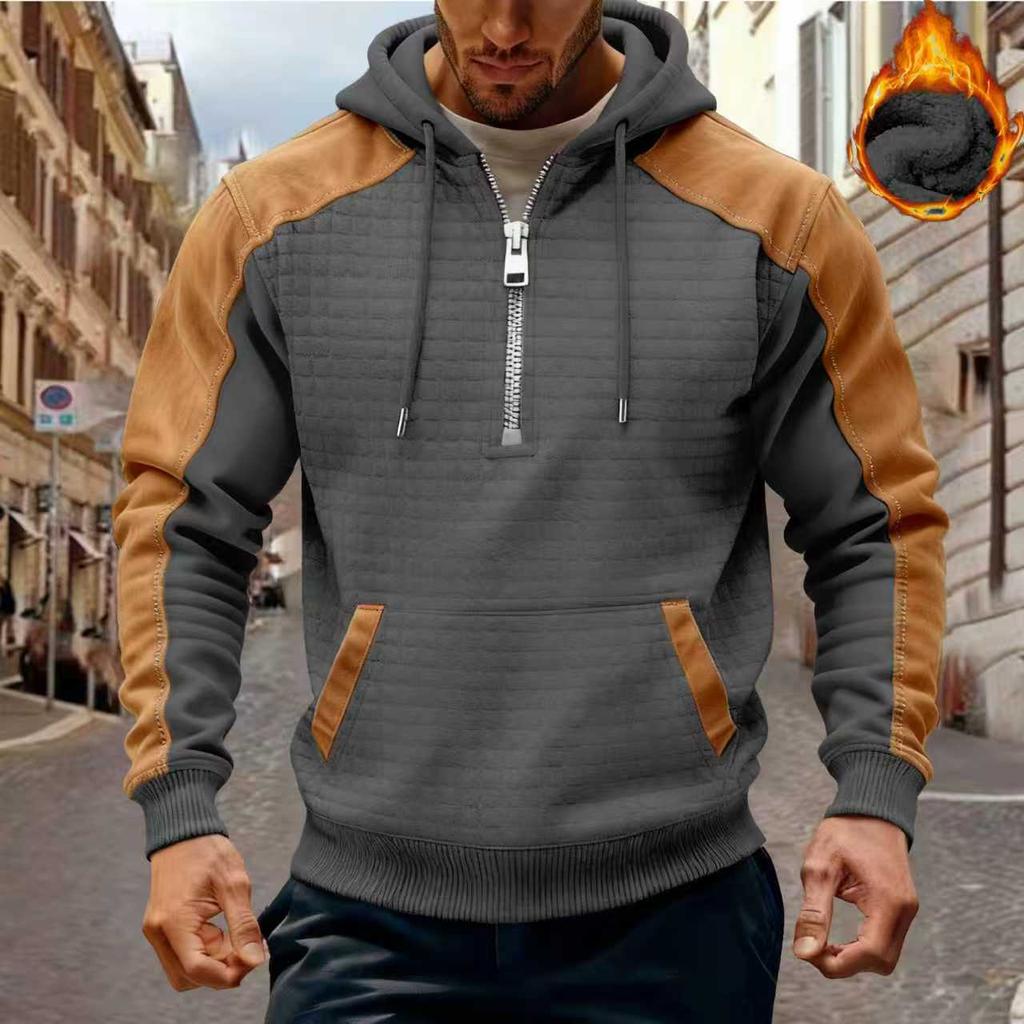 Herren Kariert Colorblock Kapuzenpullover Fleece Warm Taktischer Pullover Langarm Herrenbekleidung