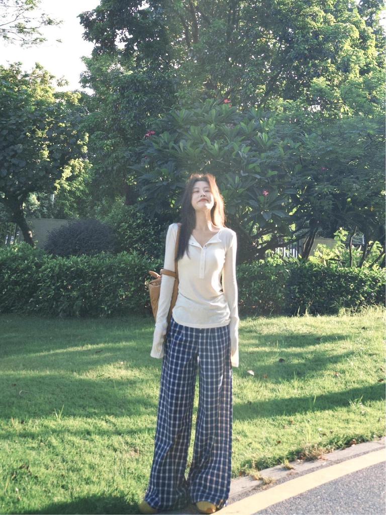 Women's Retro Blue Plaid High Waist Wide Leg Pants - Loose, Floor-Length, 145 Petite Style