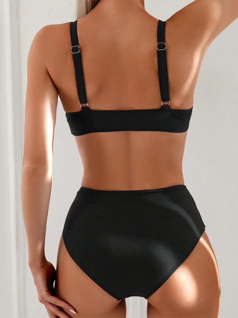 Solid Color High Waist Two Piece Swimsuit for Women U-neck Suspender Backless Bikini Set Beach Vacation Bathing Suit 2025 New