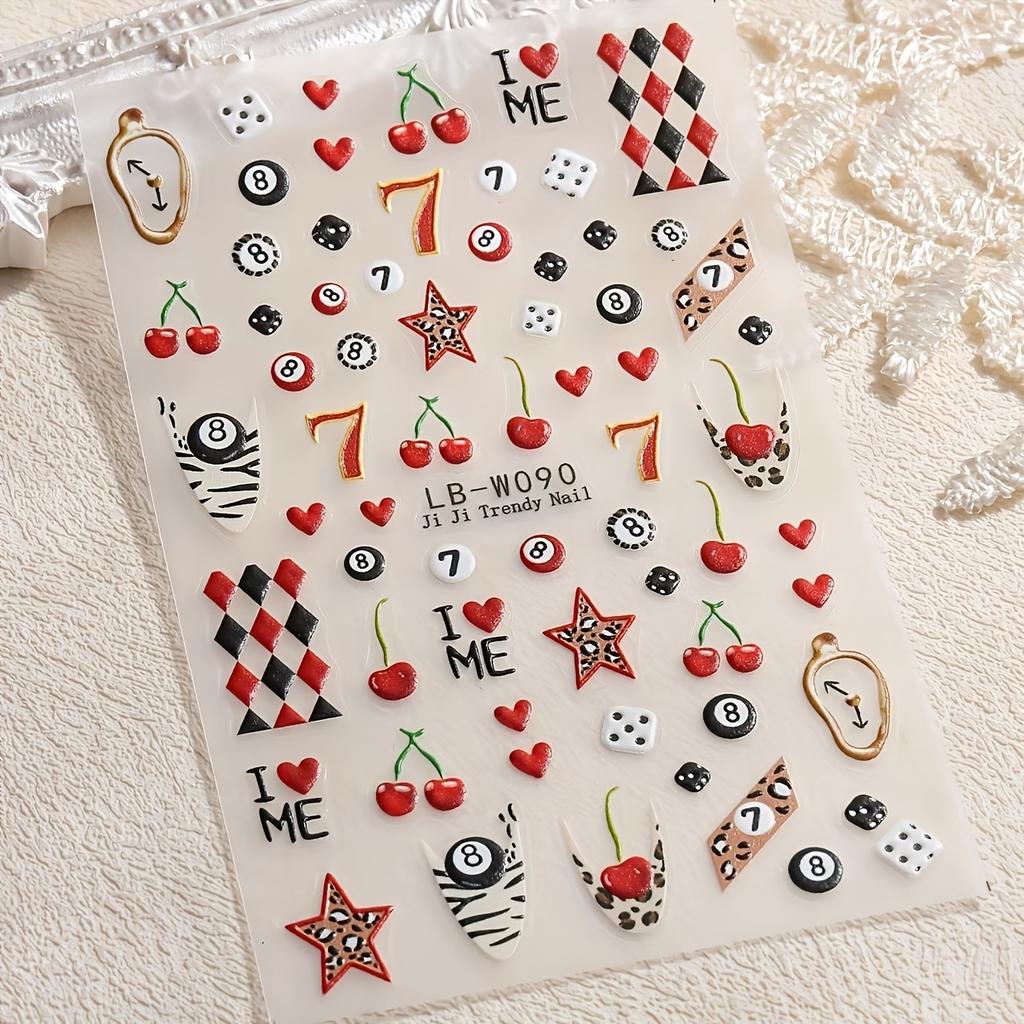 2026 Trendy Nail Art Stickers Zebra Leopard Star Plaid Cherry Heart Cartoon Self Adhesive Decals DIY Manicure Nail Decorations