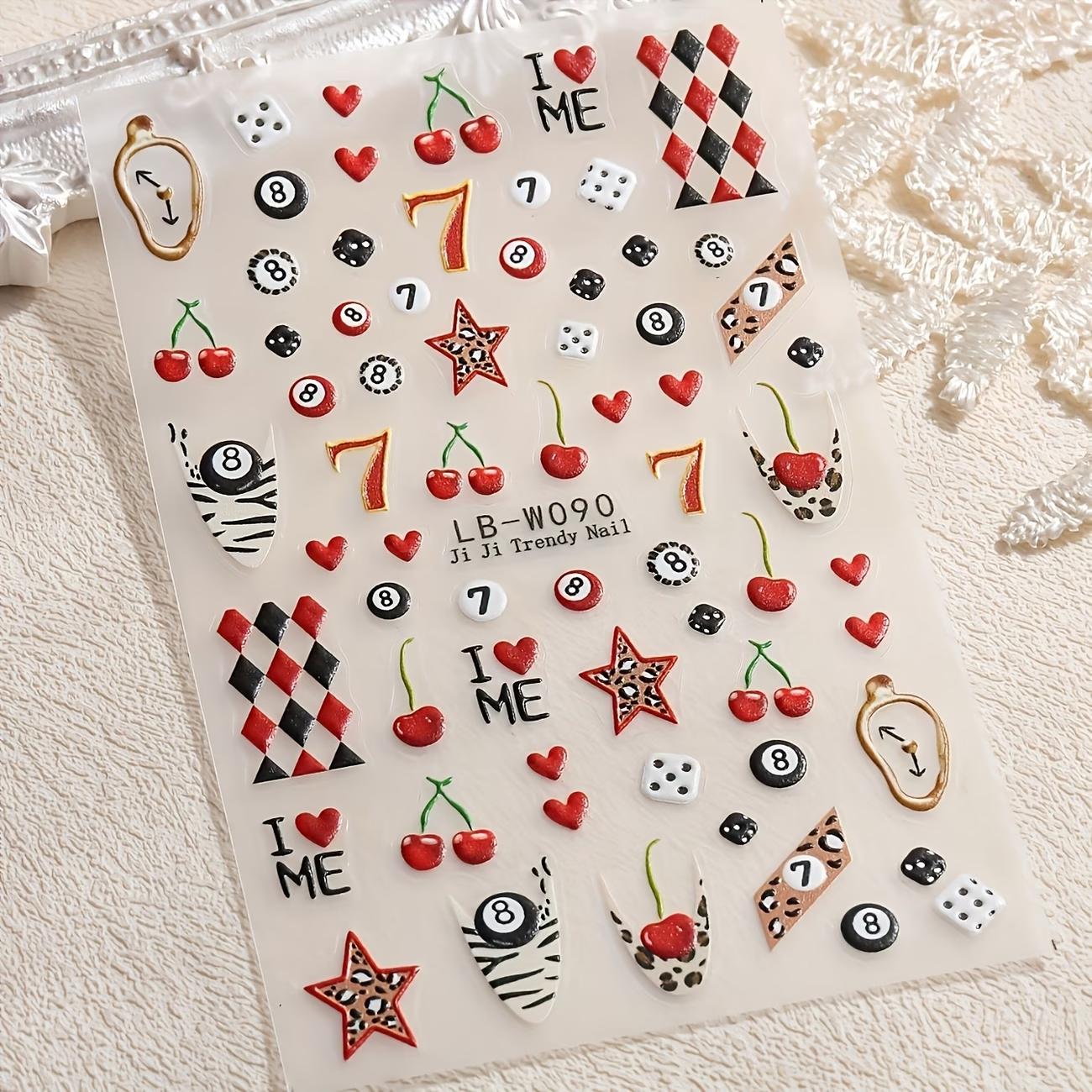 

2026 Trendy Nail Art Stickers Zebra Leopard Star Plaid Cherry Heart Cartoon Self Adhesive Decals DIY Manicure Nail Decorations