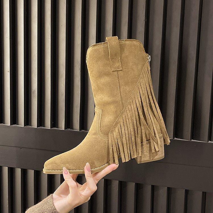 Retro Fringed Western Boots Women's 2025 Spring and Autumn New Outdoor Xinjiang Platform Short Boots Pointed Wasteland Wind Locomotive Boots