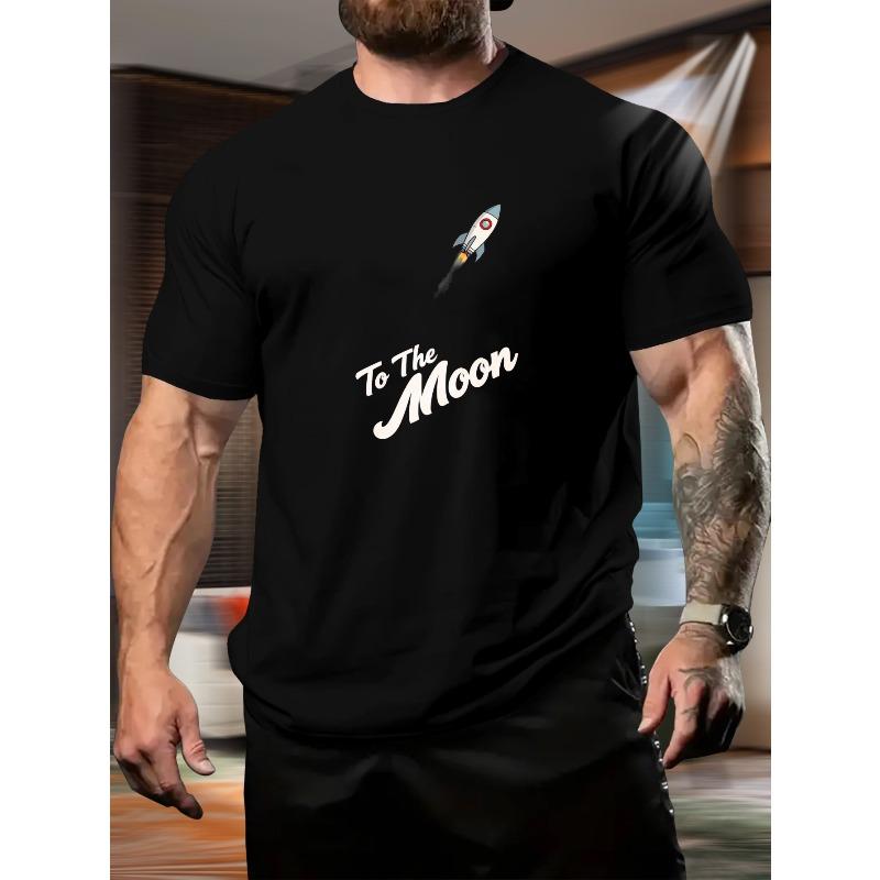 

Men s White Short-Sleeve T-Shirt with Rocket & to The Moon Print - Casual Round Neck Summer Top, Gym & Casual Attire, Machine Washable 4XL чорний