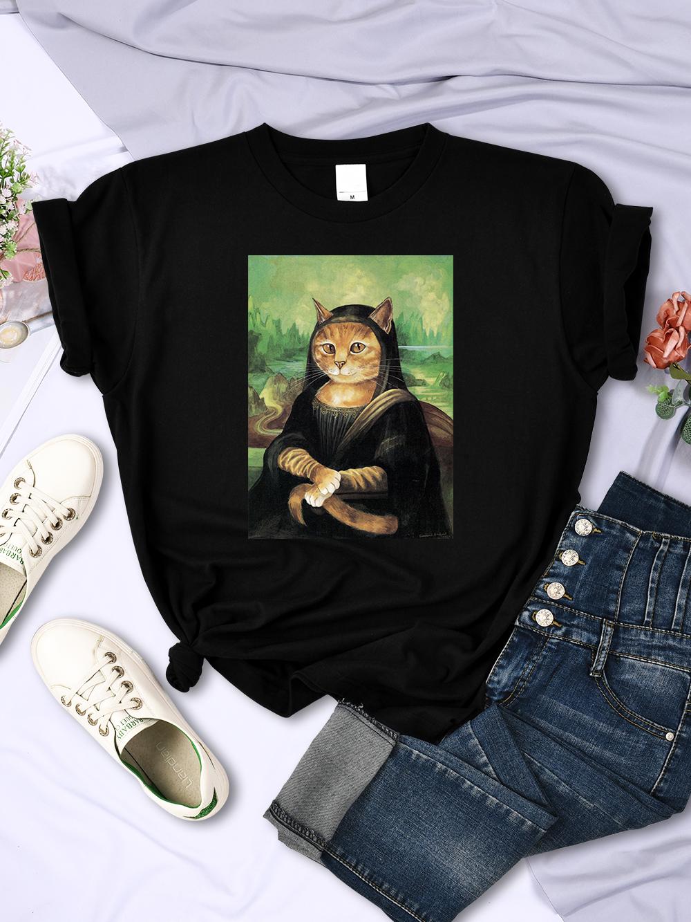 

Vintage Painting Monalisa Orange Cat Print T-Shirts Women Casual Summer Tops Casual T-Shirt Fashion Crewneck T Shirt Men New 4XL