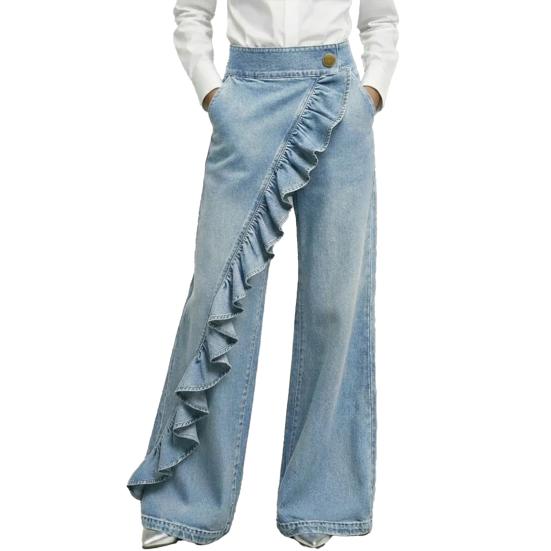 Women Denim Trousers, Wide Leg Elastic Waist Casual Pants, Soft Comfortable Loose Fit Trousers for Daily Wear Street Party