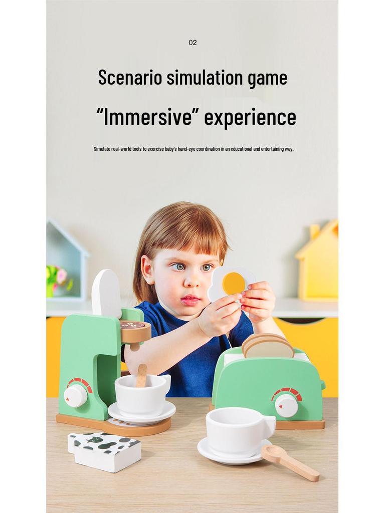 Toddler Pretend Play Wooden Kitchen Set: Toaster, Mixer, Coffee Maker, Juicer Toy.