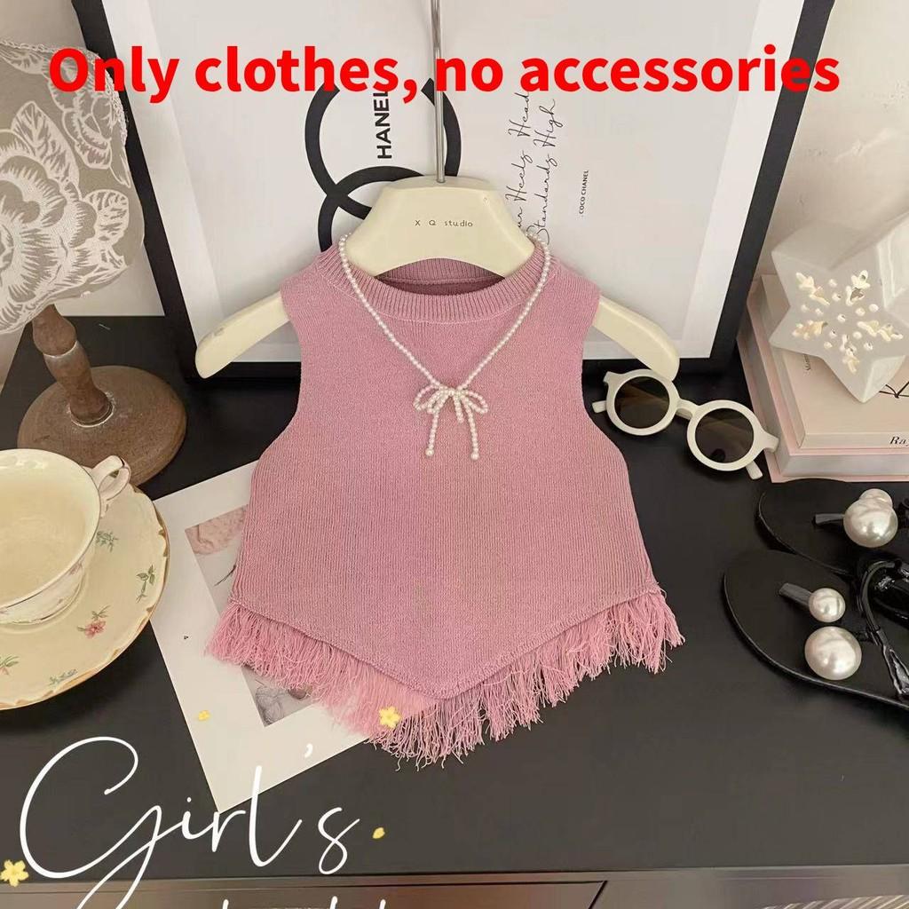 Summer Girls Sweet Two Piece Set With Tassel Vest And Playful Checkered Skir