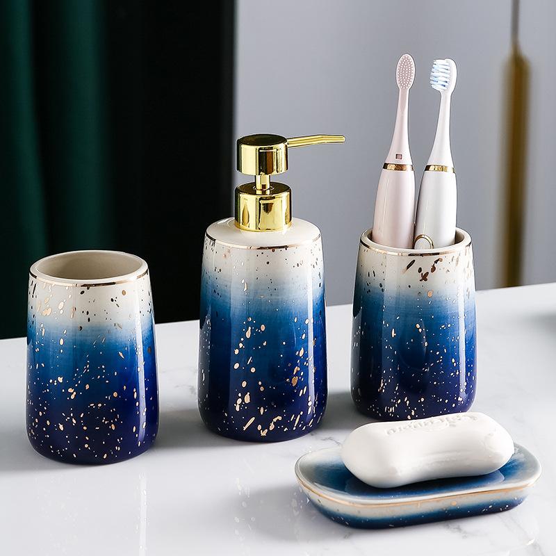 Blue Ceramic Bathroom Amenity Set Starry Sky Gold Sprayed Bathroom Accessories Home Lotion Bottle Tooth Brushing Cup Soap Dish