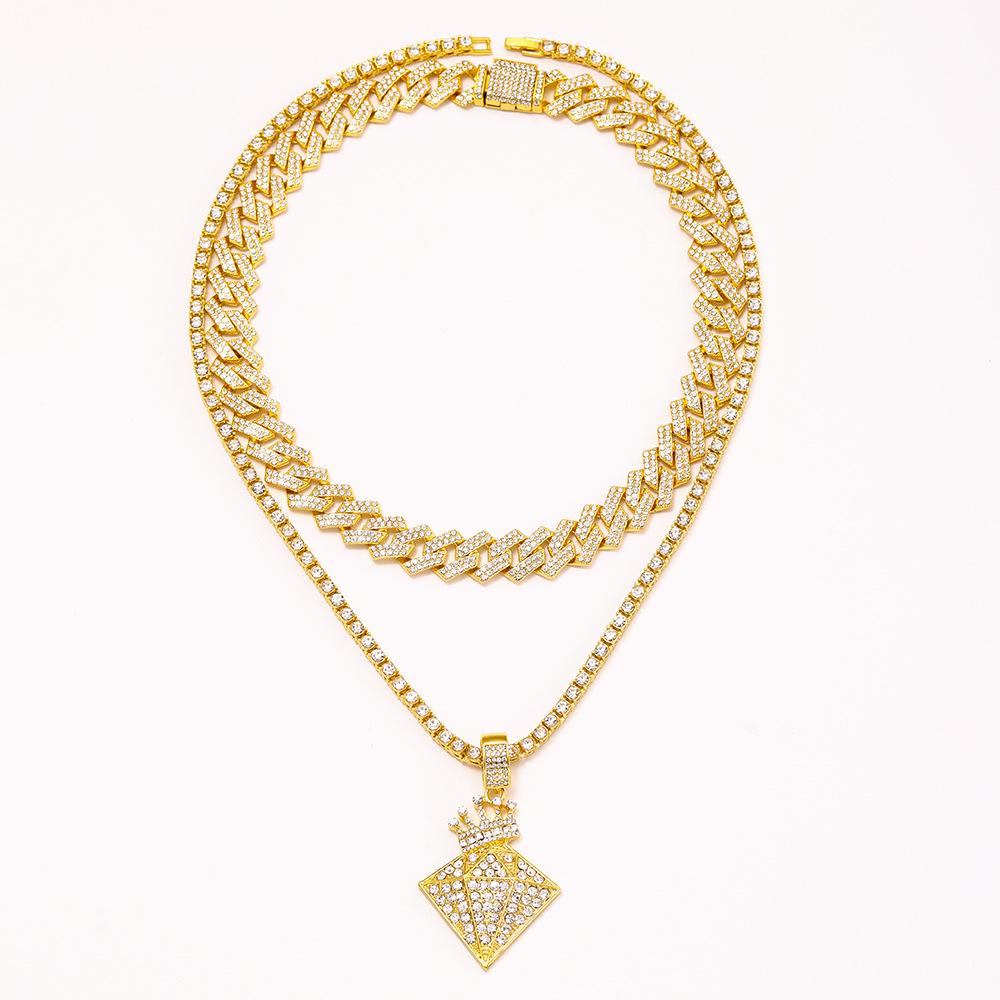 Hip Hop Full Diamond Fashion Necklace Set: Cuban Chain & Tennis Chain