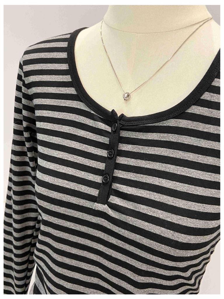 Women's European Stripe U-Neck Long-Sleeve Base Layer Shirt, Straight Shoulder Design, Spring Wear