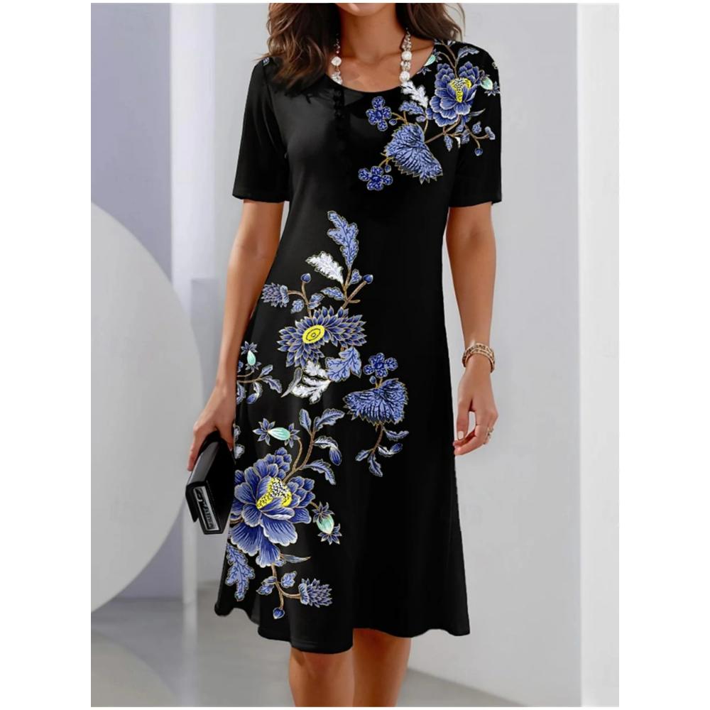 Color Conflict Women's Dress Short-sleeved Dress 3d Floral Print Party Street Wear Elegant Pullover Summer Casual Loose Dress