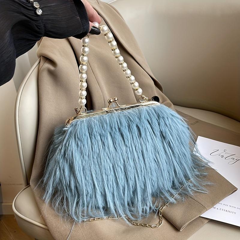 Geantă Satchel Elegantă din Blană Artificială cu Mâner de Perle Geantă de Seară Pufoasă și Moale Portofel de Damă la Modă Geantă de Mână Culoare Solidă cu Închidere Tip Kiss