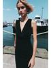 2025 Spring Sleeveless Slim Fit Midi Dress with Draped Collar and Back Tie Detail - European & American Style Women's Fashion