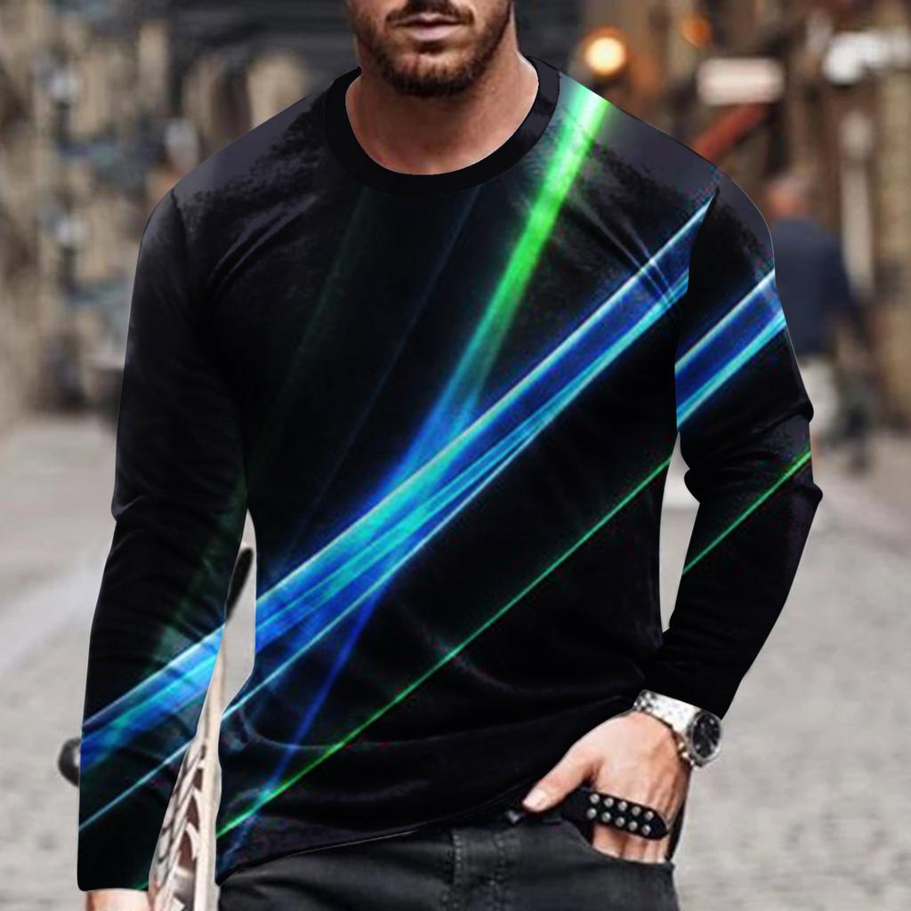 Spring and Autumn Round Neck 3D Line Printed Top Fashionable Casual Simple Long Sleeved Men's T-shirts