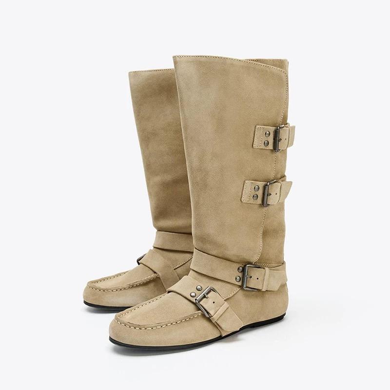 Women's Suede Mid Boots Buckle Straps Retro Style Comfortable Flat Heel Fashionable  Daily Wear Versatile Autumn And Winter