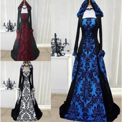 Vintage Gothic Medieval Cosplay Costume Women Renaissance Princess Long Sleeve Print Vestidos Victorian Hooded Evening Dress