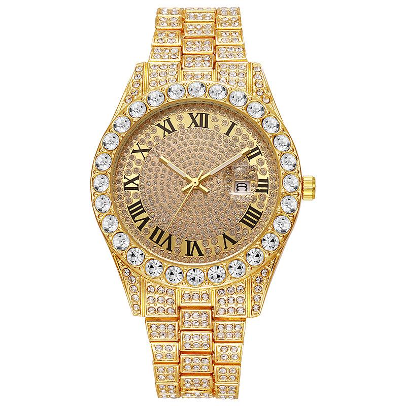 European and American Men's Steel Belt Hip-hop Roman Scale Diamond-encrusted Calendar Men's Quartz Watch
