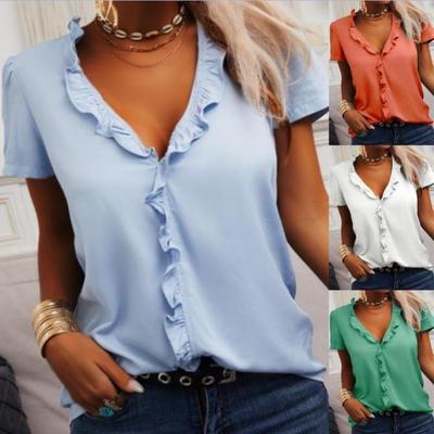 Spring Shirt Summer Short Sleeve Ruffled Top Women Solid Color