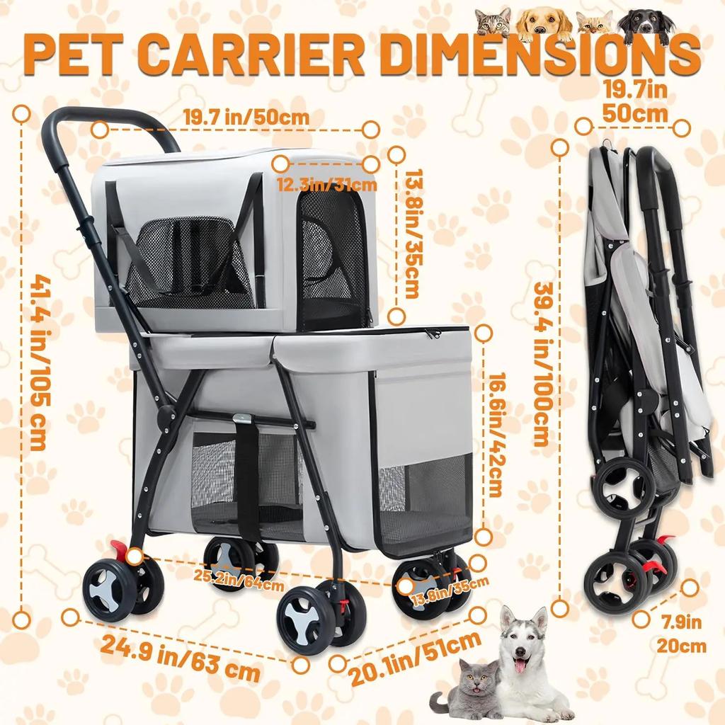 Pet Travel Carrier Strolling Cart Double Pet Stroller for Dog Cats Quick-Folding Dog Stroller Carrier with Detachable Carriers