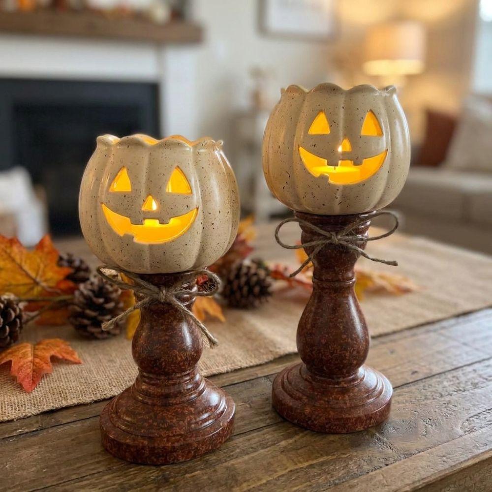 Antique Finish Pumpkin Candle Holder with Light Tealight Candle Holder Lamp Mantel Shelf Decor
