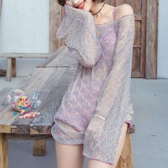 3 Pcs/Set Women Swimsuit Spaghetti Strap Halter Neck Solid Color Pullover Beach Cover-up for Holiday