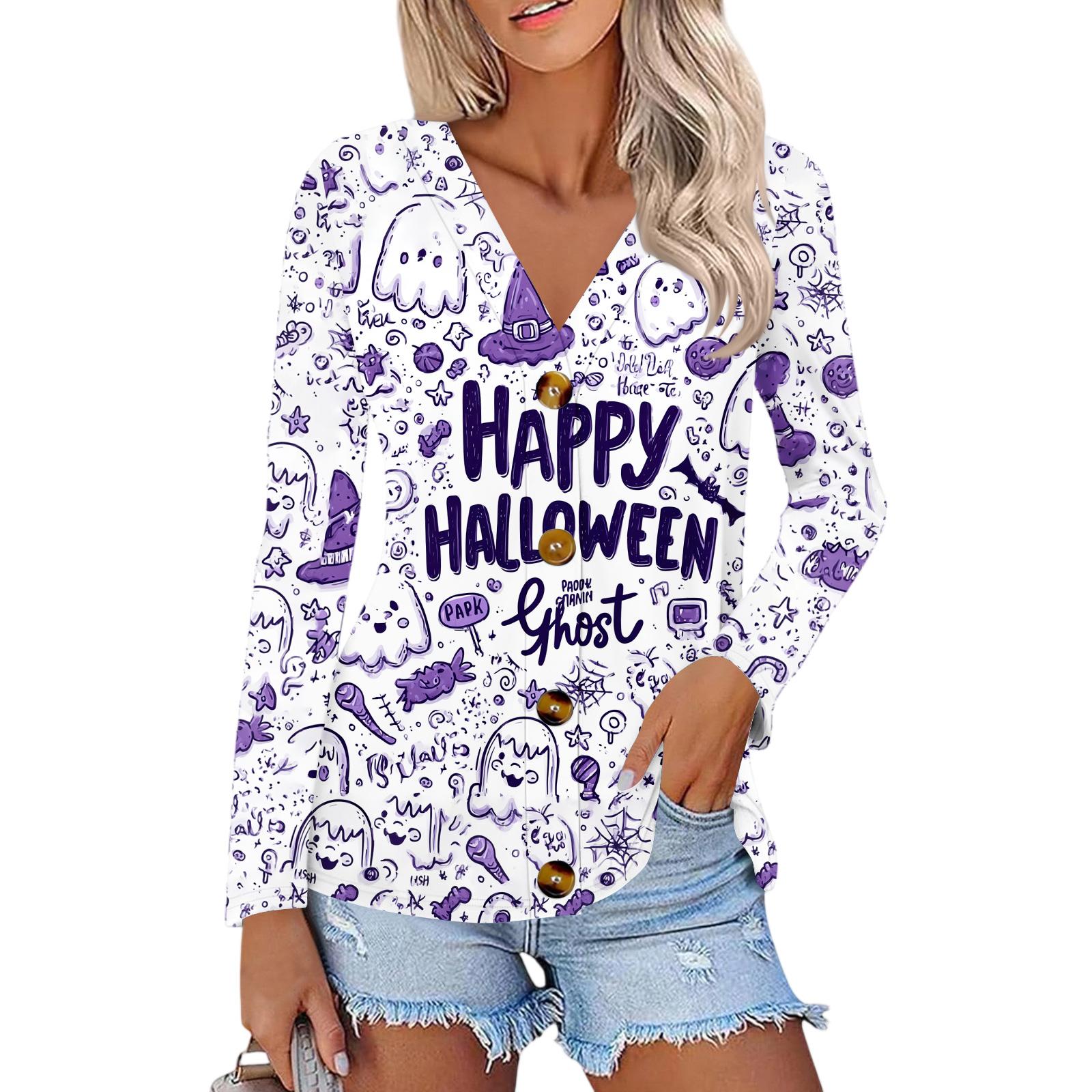 

Ladies Fashionable And Casual Halloween Printed Button Up Shirt Long Sleeved Top L