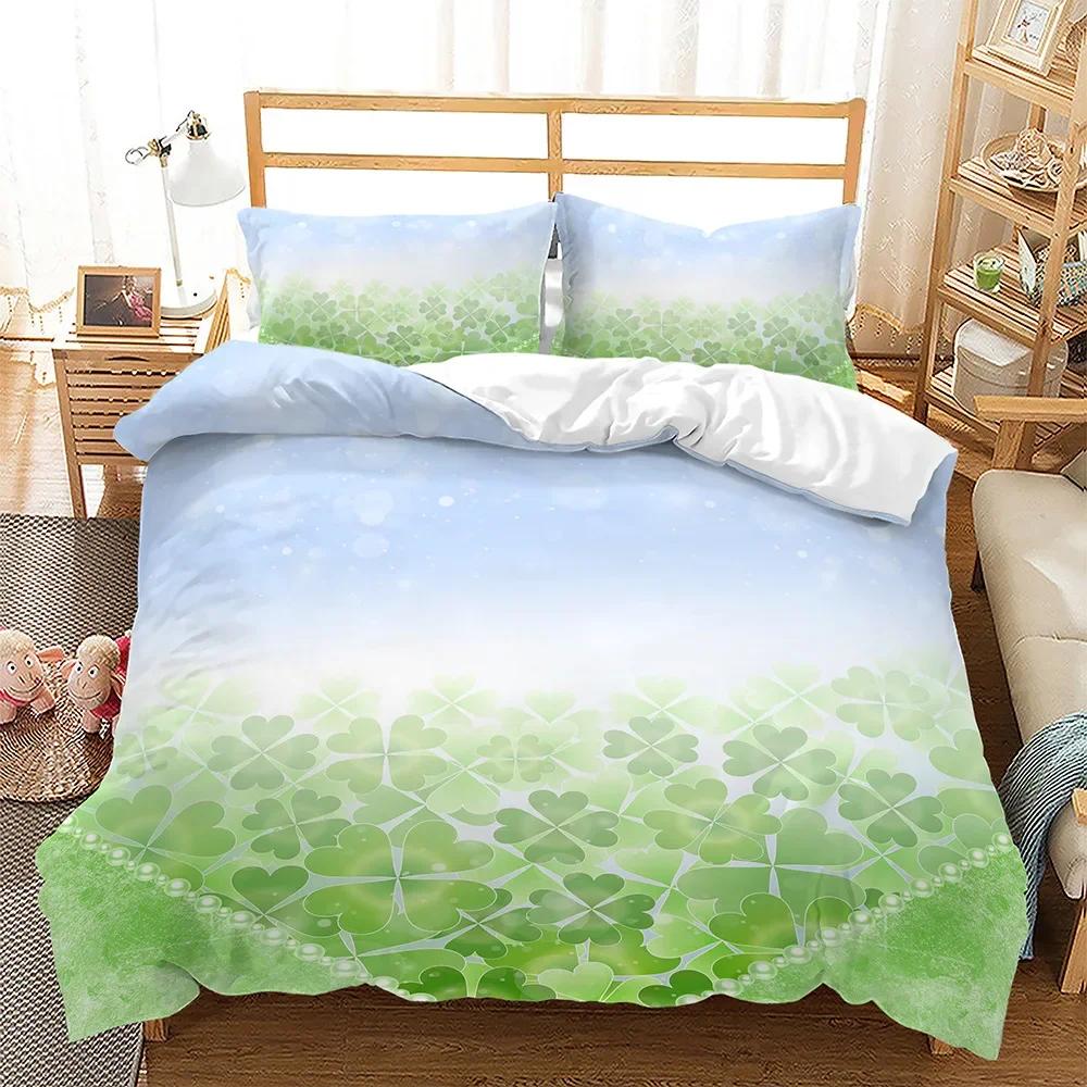 Lucky Green Leaves Four Leaf Shamrock Clover Comfortable Duvet Quilt Cover Pillowcase Bedding Set Children Bedroom Home Textile