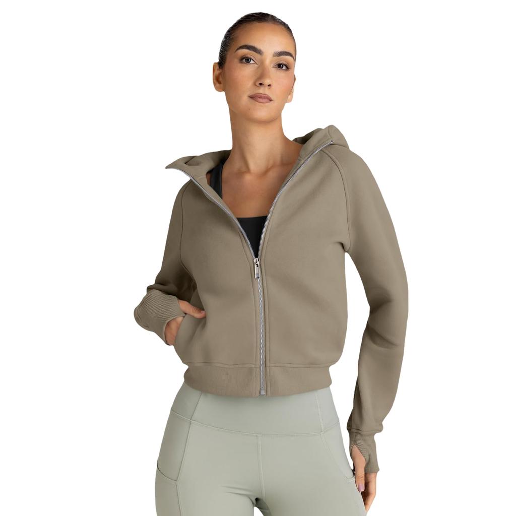 Women's Fashion Cropped Zip-Up Hooded Sweatshirt Jacket with Long Sleeves for Casual Wear