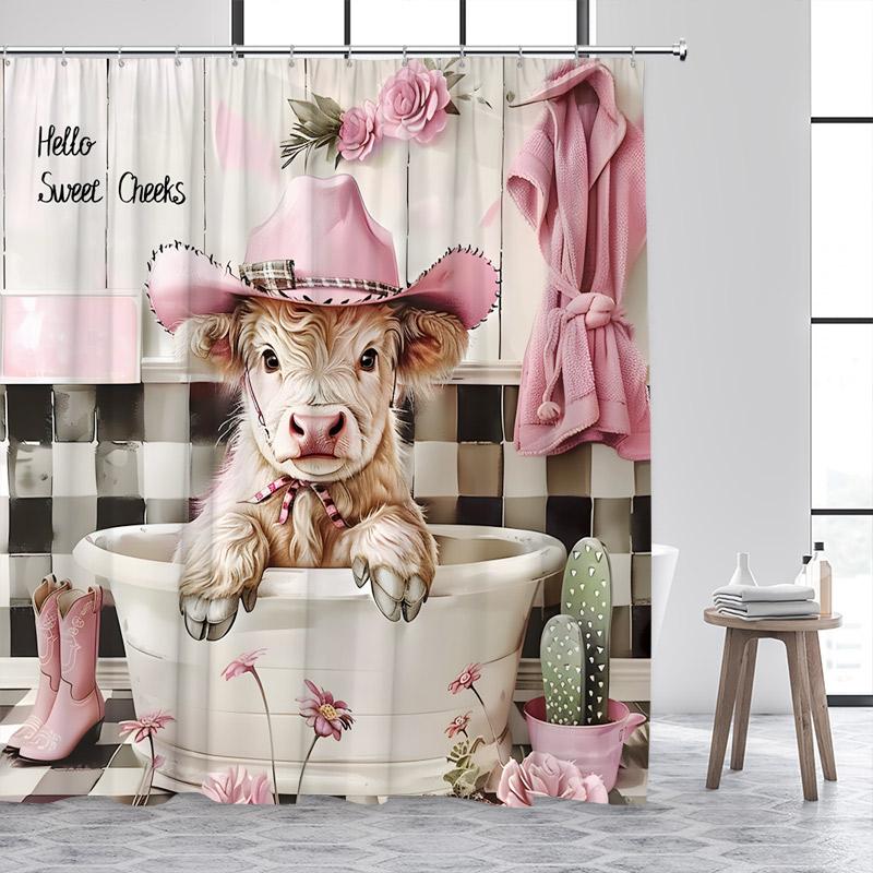 Bathing Highland Cattle Shower Curtains Funny Farm Animal Cactus Plant Pink Bath Curtain Set Polyester Bathroom Decor with Hooks