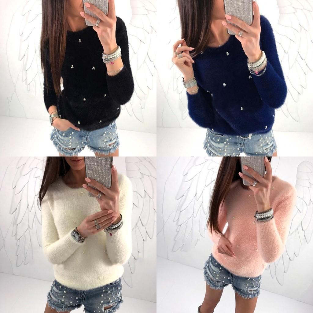 Cozy Women Plush Beaded Sweater Casual Solid Color Fur Sweatshirt With O-neck