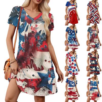 Women's Petal Short Sleeve V Neck Loose Fit Independence Day Print Swing Sundress With Pockets