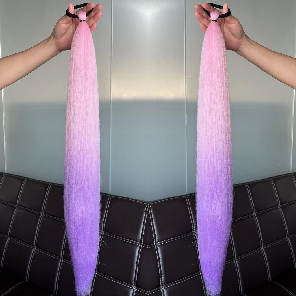 2Pcs Synthetic Purple Ponytail Extension Rubber Band Long Straight Ponytail Women Hair Accessories for Halloween