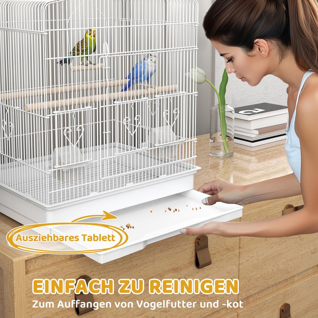 Large Metal Bird Cage with Perches, Food Bowls, Swing, for Budgies, Parakeets, White