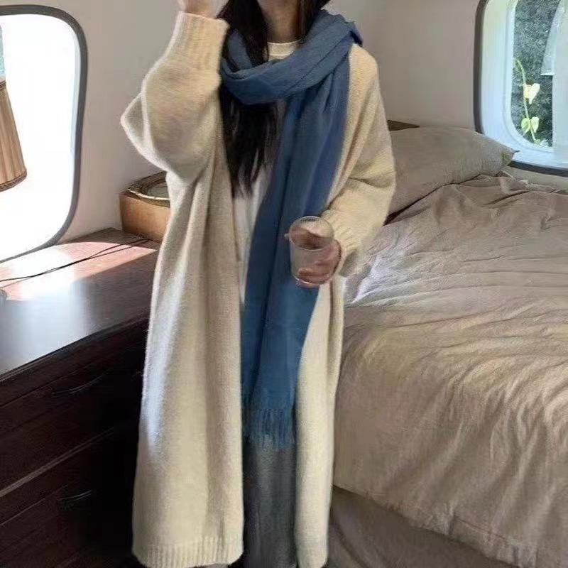 Autumn Winter Knitted Cardigan Women Medium and Long Sweater Jacket Gentle Loose Simple V Neck Cardigans Solid Color Office Coats Long Sleeve Clothing