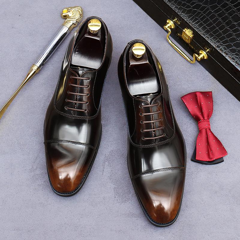 European Handmade Glossy Leather Oxford Shoes - Men's Genuine Cowhide, Three-Eyelet Business Formal Low-Top Style