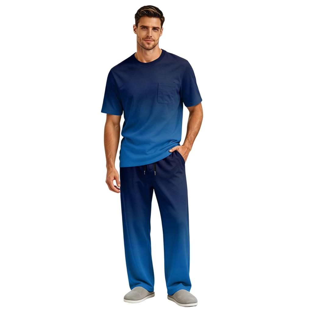 Men's Short Sleeve Pajama Set with Button Fly and Elastic Drawstring Waist