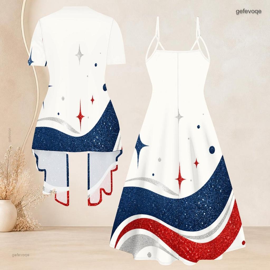 Women Plus Size Two Piece Set Short Sleeve Cardigan V Neck Strappy Star Printed Red Blue White Flared Dress