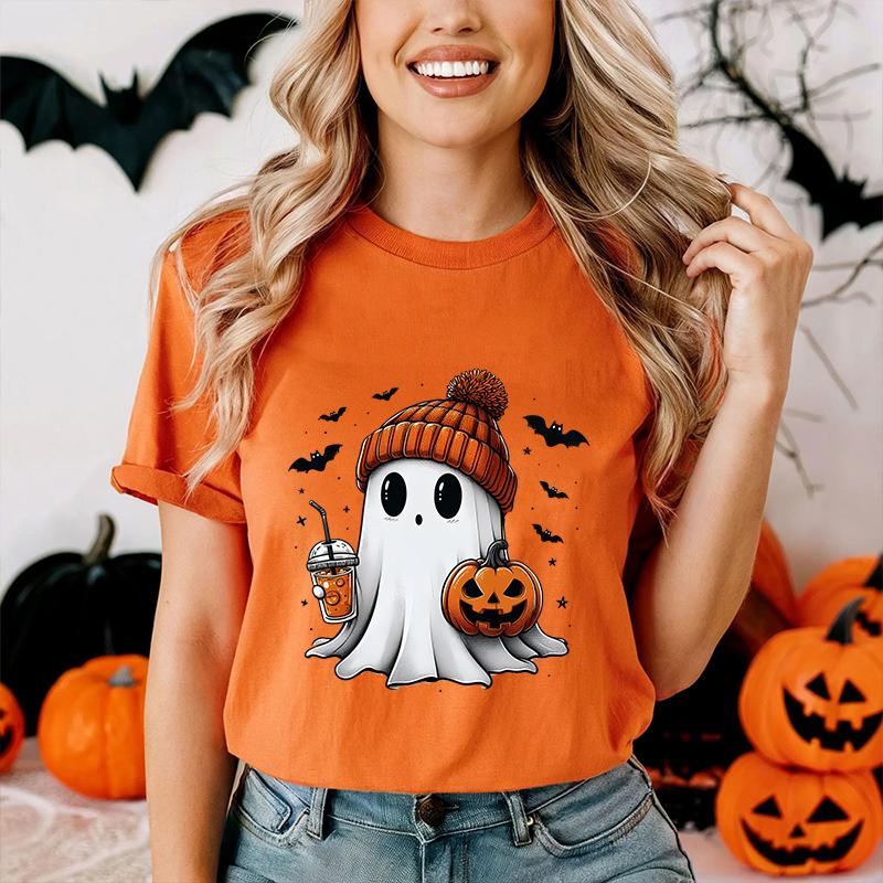Little Boo Drinking Coffee Women T-Shirts Fashion Halloween Party Spooky Season Shirt Harajuku Graphic Tops Casual Streetwear