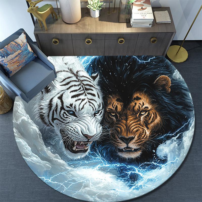 Yin Yang Tiger Lion Round Area Rug,Carpet Rug for Living Room Bedroom Sofa Playroom Decor,Non-slip Floor Mat