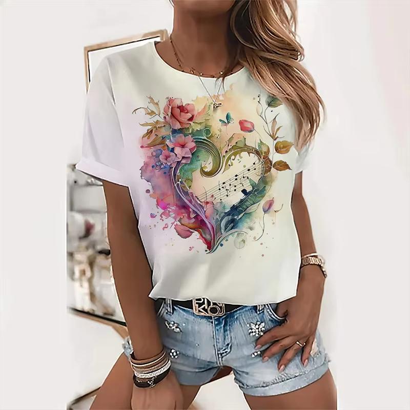 Summer Guitar Instrument Floral 3D Print T-Shirts Women Casual Short Sleeve Round Neck T Shirt Harajuku Tees Top Female Clothing