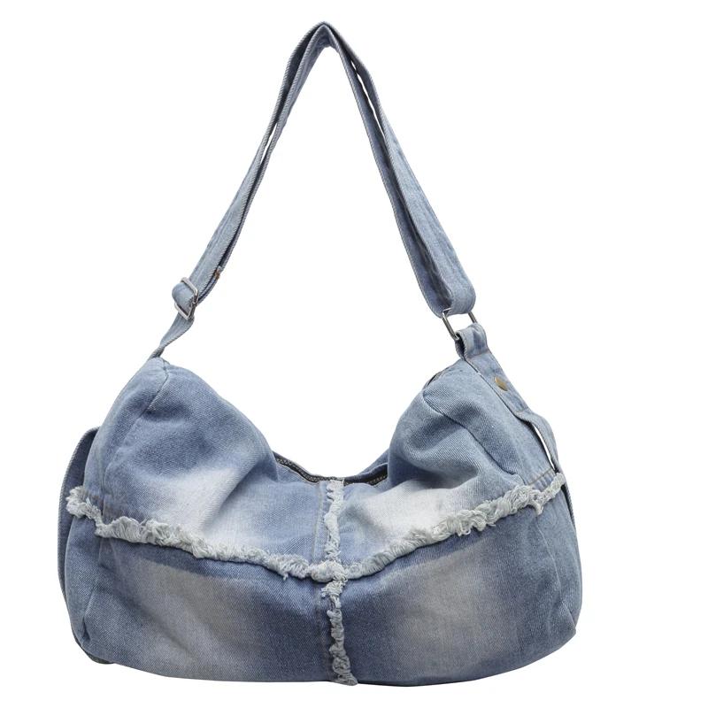 

Large Capacity Denim Canvas Crossbody Bag with Simple Zipper Casual Shoulder Bag