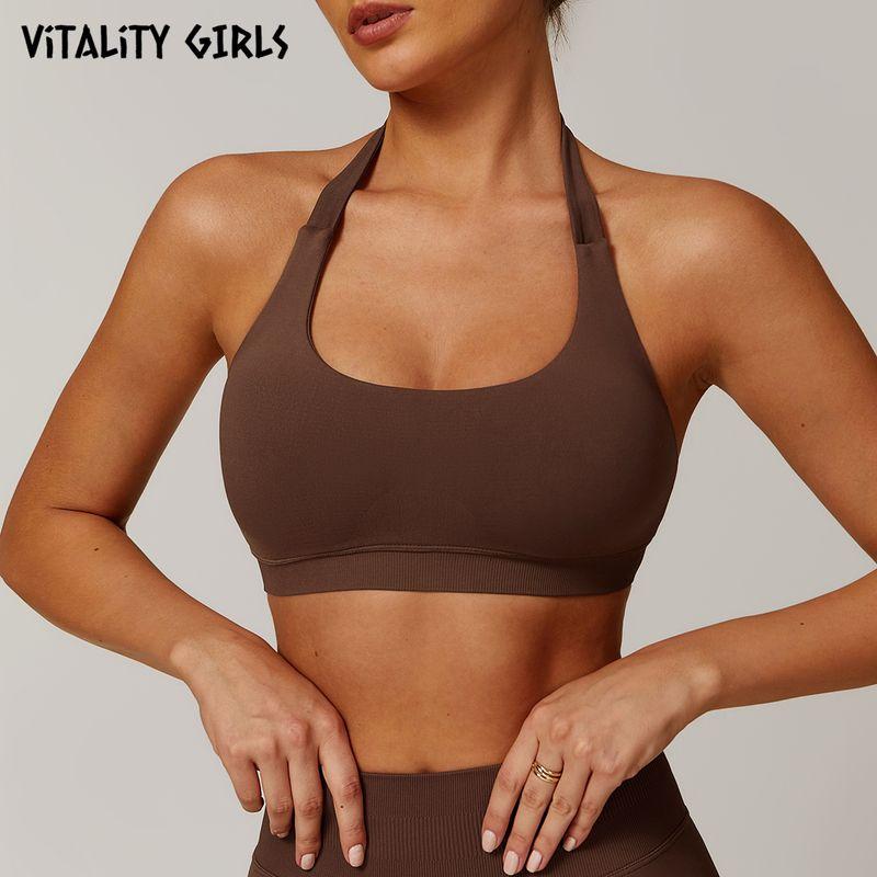 

Vitality Girls Fashion Halterneck Yoga Intimates Female Hollow-out Beauty Back Outwear Sports Wait Lifting Workout Bra Brown L
