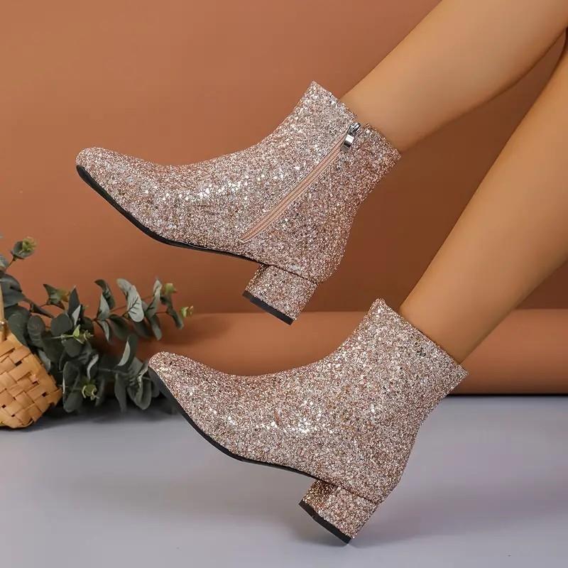 Women's Mid Heel Sexy Thick Bottom Shoes 2024 New Ladies Glitter Gold Chunky Heel Sequins Trendy Women's Shoes