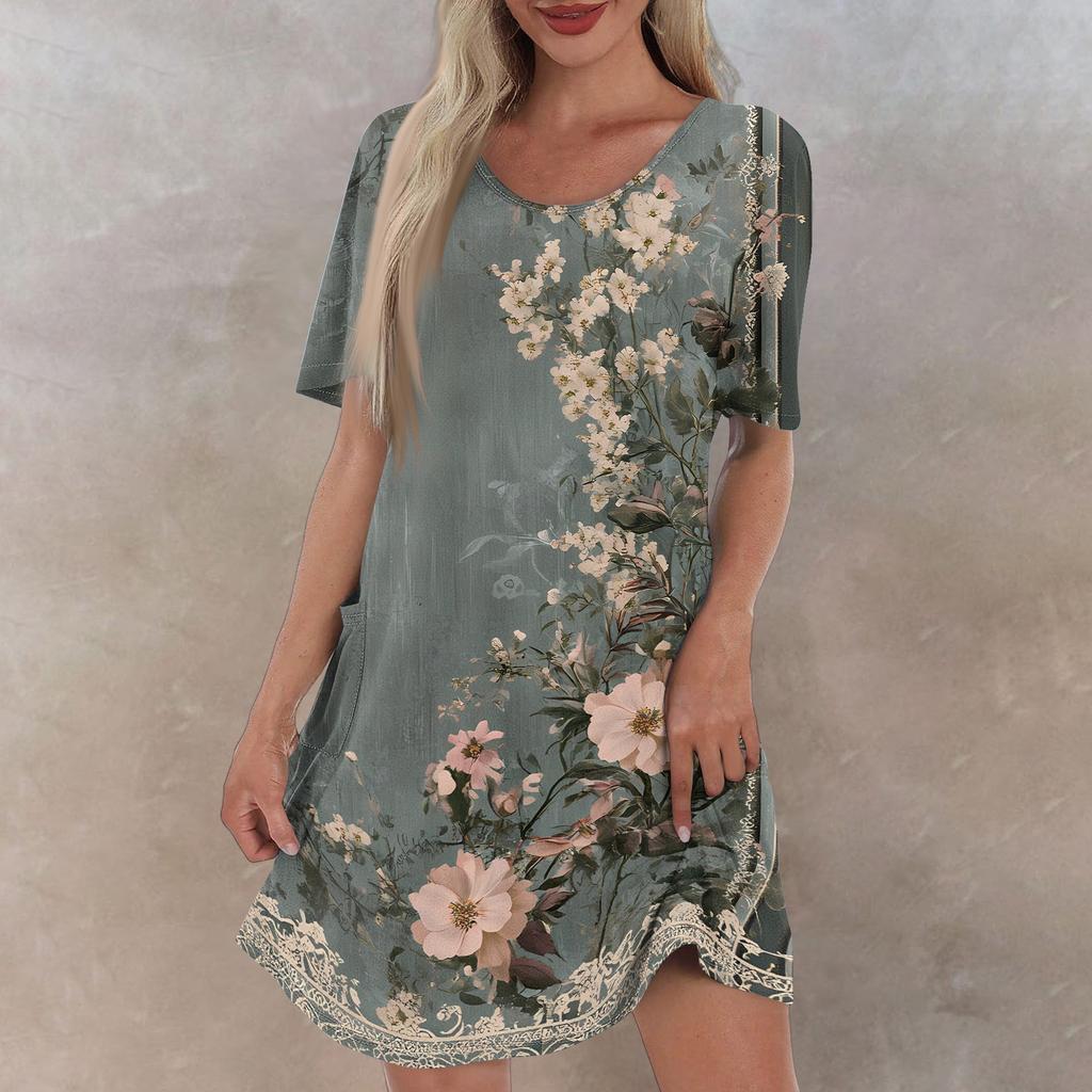 Women's Casual And Fashionable V-neck Short Sleeve Printing Mid Length Dress
