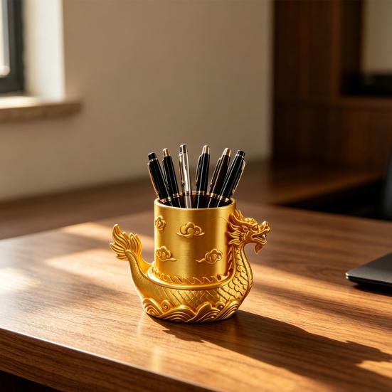 3D Printed Golden Dragon Boat Pen Holder, Chinese Traditional Desk Organizer with Dragon Cloud Wave Relief, Matte Gold Storage Pot for Stationery