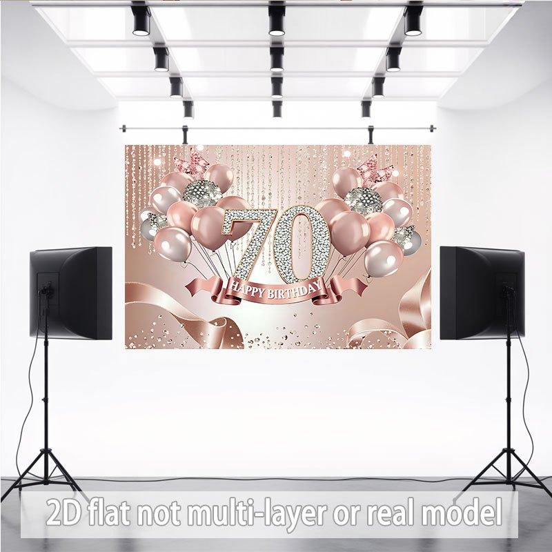 A single-color 2D flat banner with the shining "70" logo on it, along with rose gold and silver balloons