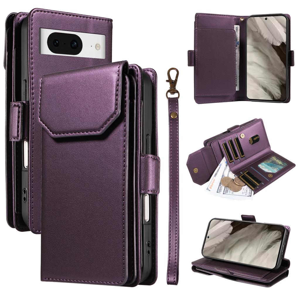 For Google Pixel 8 Case with Multi-Card Holder and Strap PU Leather Phone Cover Stand