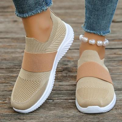 Spring Summer Casual Knitting Sneakers Women Slip On Breathable Mesh Flats Woman Comfortable Non Slip Thick Sole Running Shoes