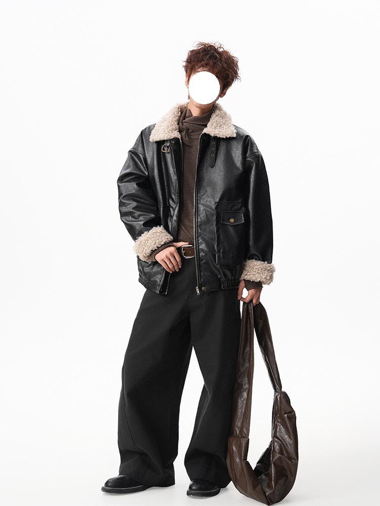 Herren Retro Lammwolle Leder Reversjacke - Gepolstert, Verdickt, Cooler Patchwork-Stil